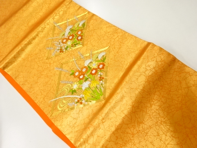 JAPANESE KIMONO / VINTAGE NAGOYA OBI / SILK / EMBROIDERY / RHOMBUS & FLORAL PLANTS